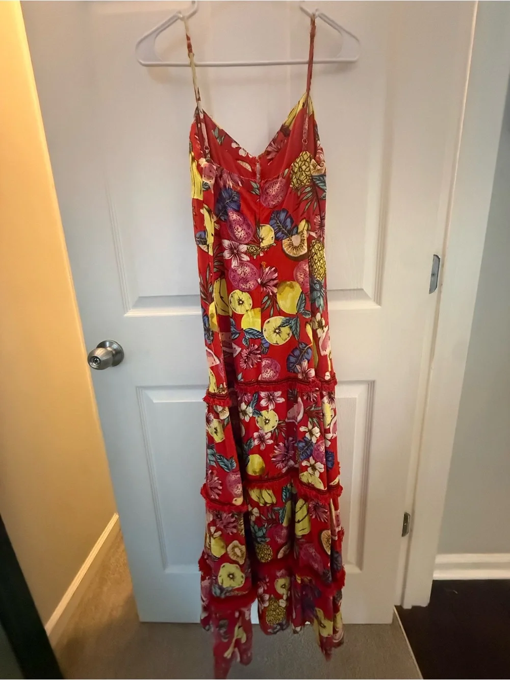 Aqua Red Tropical Fruit Tiered Maxi Dress